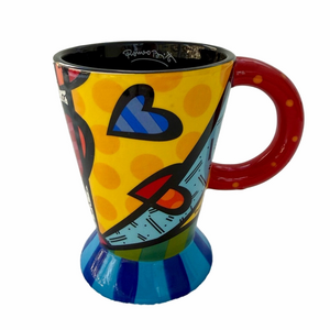 Rare Romero Britto “A New Day” 2010 Ceramic Mug Hand Painted Red Handle Hearts